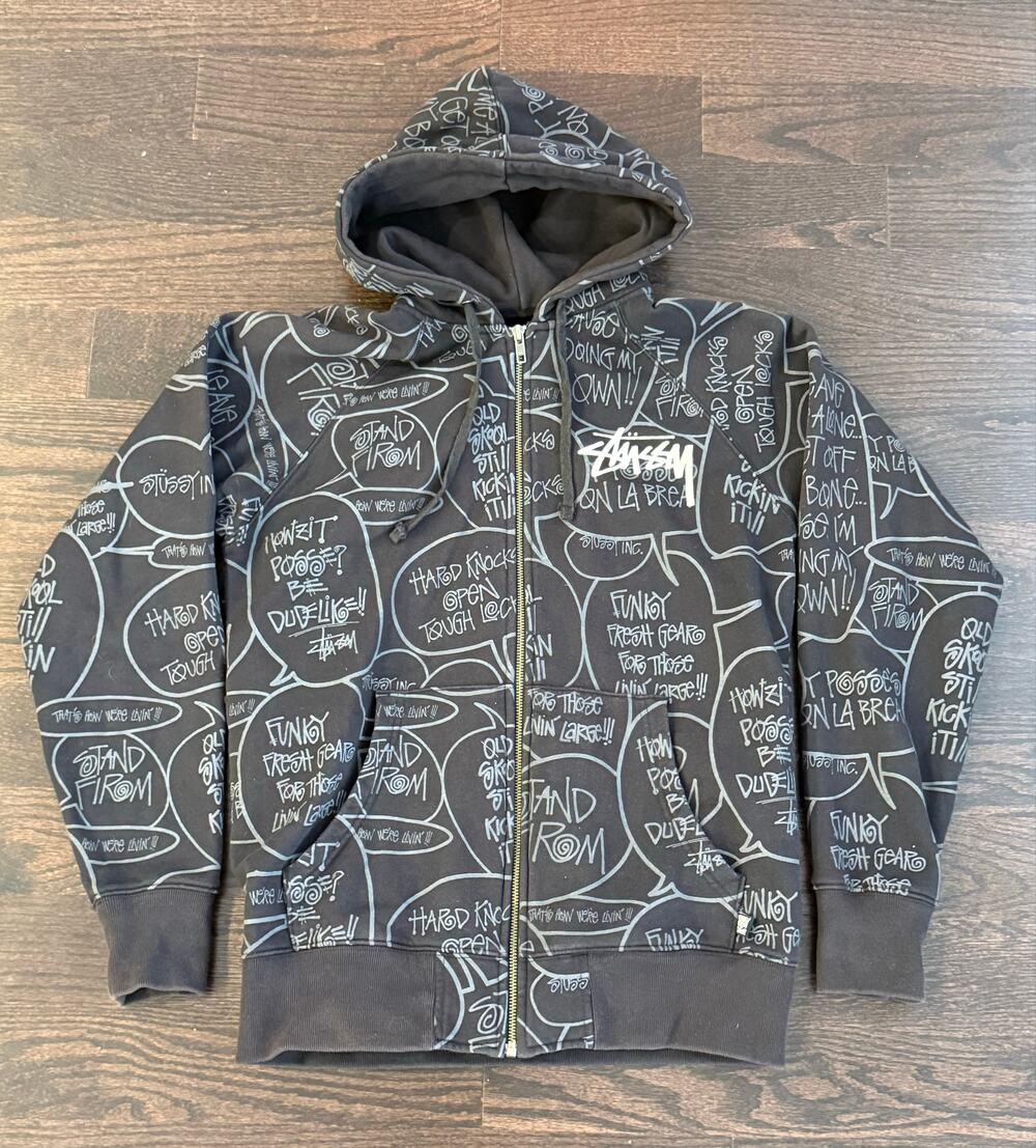 Vintage Stussy Zip-Up Hoodie Black Allover Graffiti Speech Bubble Print